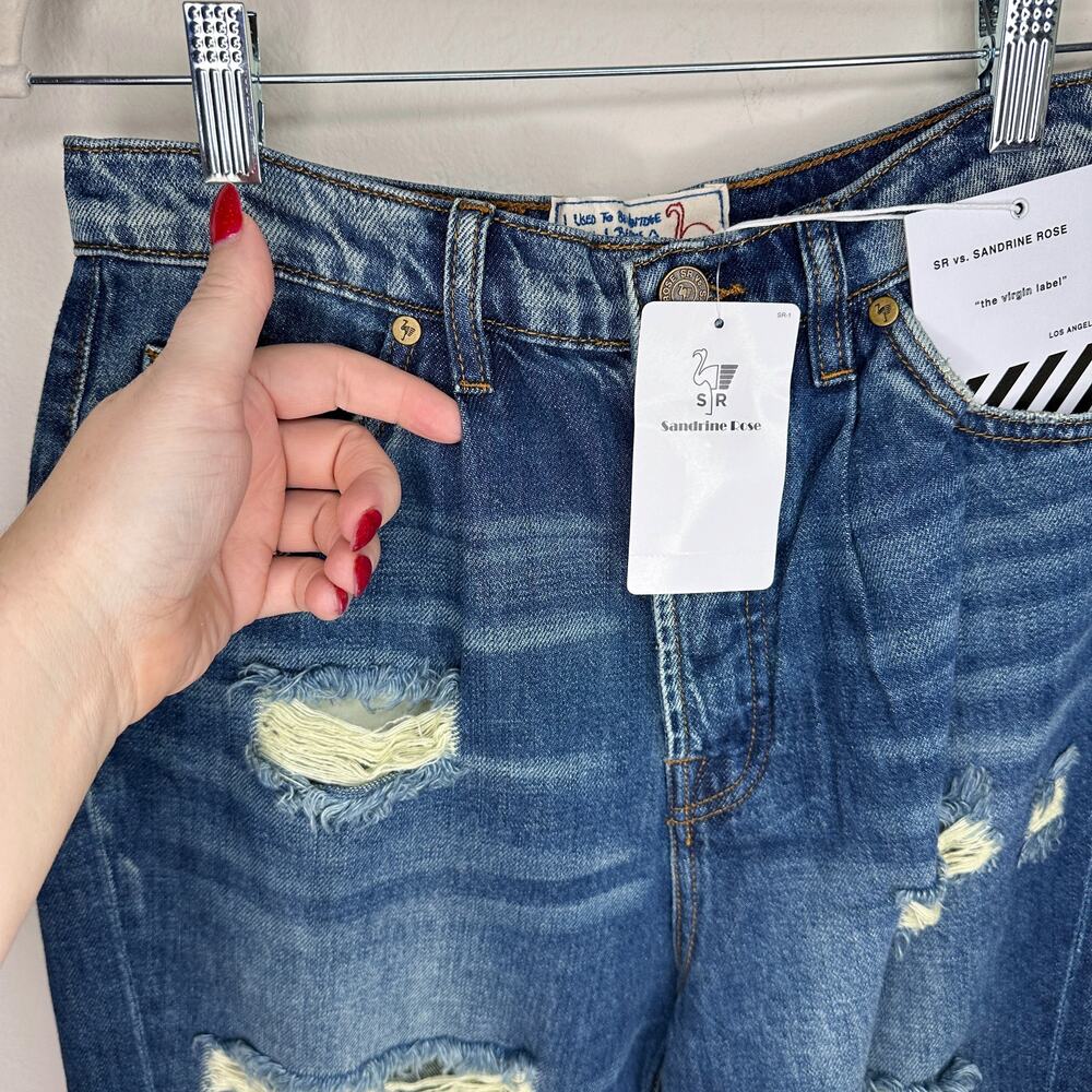 Free People Sandrine Rose R1016 Pleated Ripped Dark Wash Straight Leg Jeans 26 - Picture 6 of 16